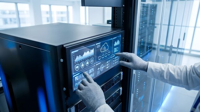 IT technician in white lab coat and safety gloves adjusting server equipment via digital touchscreen interface in a modern data center.