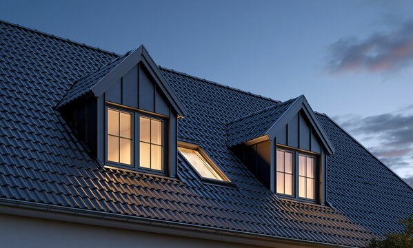 Modern House Roof with Dormer Windows at Dusk and Warm Interior Light