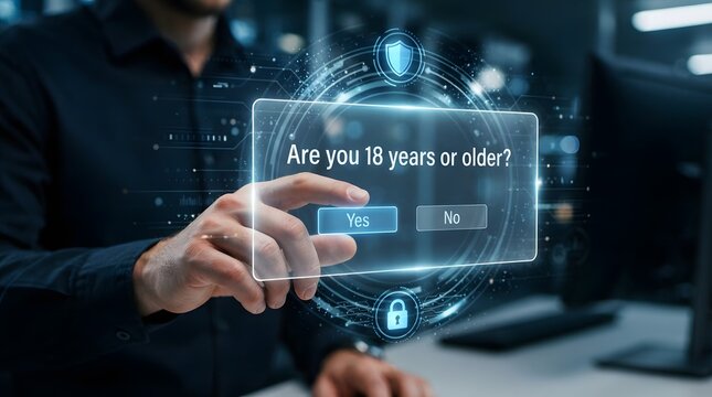 Person touching a glowing digital interface with an age verification prompt, are you 18 years or older, yes or no buttons, blue light overlay