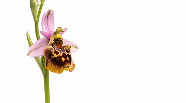 Beautiful Bee Orchid Ophrys apifera Isolated on White Background with Copy Space