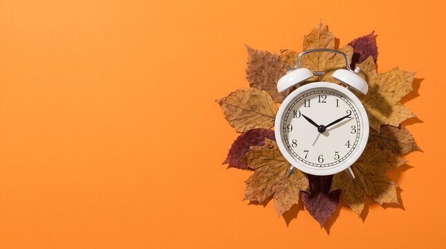 White alarm clock resting on a circular arrangement of dry autumn leaves against orange background with foliage