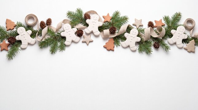 Festive Christmas Banner with Matte White Ceramic Gingerbread Man Isolated on White Background