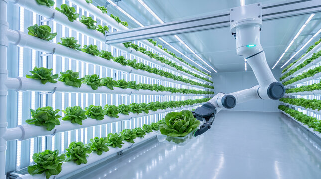 Robotic arm harvesting lettuce in vertical farm with LED grow lights