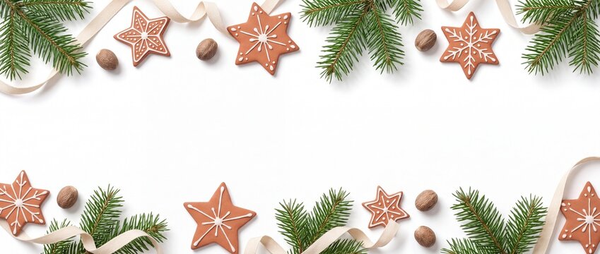 Festive Holiday Banner with Handcrafted Terracotta Gingerbread Star Ornaments Isolated on White Background