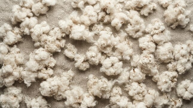 Raw cotton fibers spread across a textured surface