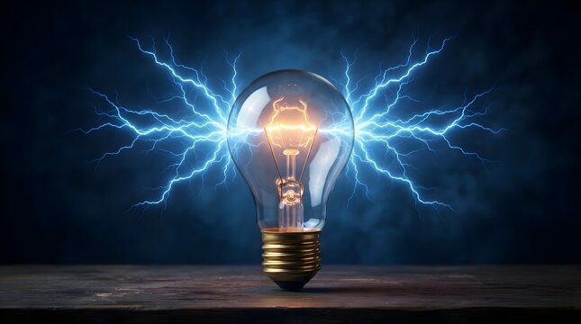 Clear glass incandescent light bulb emitting bright blue electrical arcs and lightning bolts against a dark, textured blue background