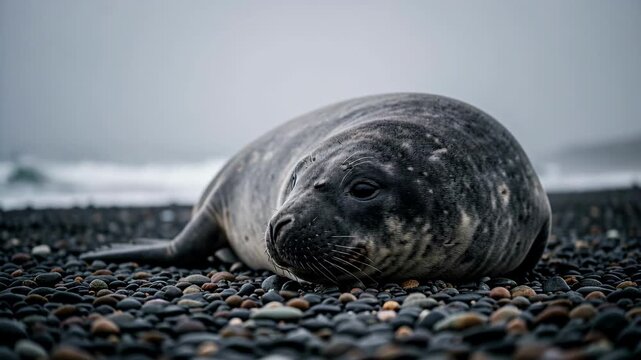 Harbor Seal Resting On Pebbled Shoreline.