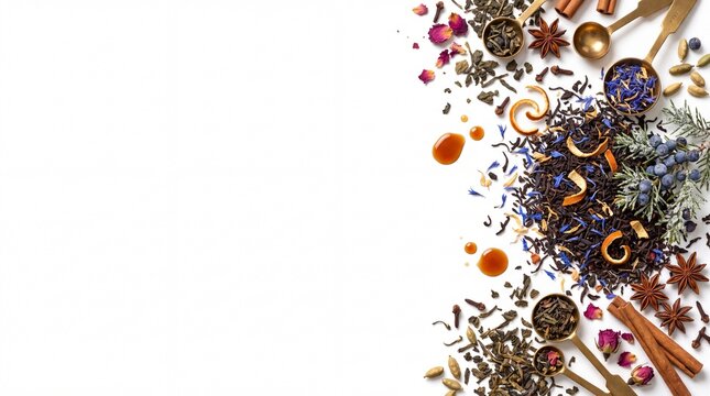 Holiday Christmas Banner with Loose Leaf Earl Grey Tea Isolated on White Background