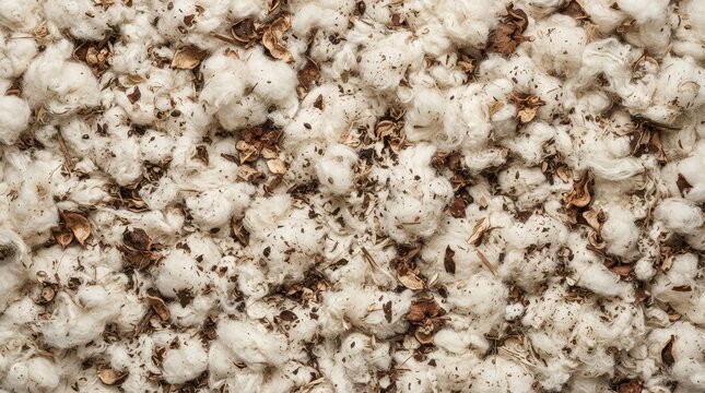 Raw cotton bolls with fibers and dried leaves