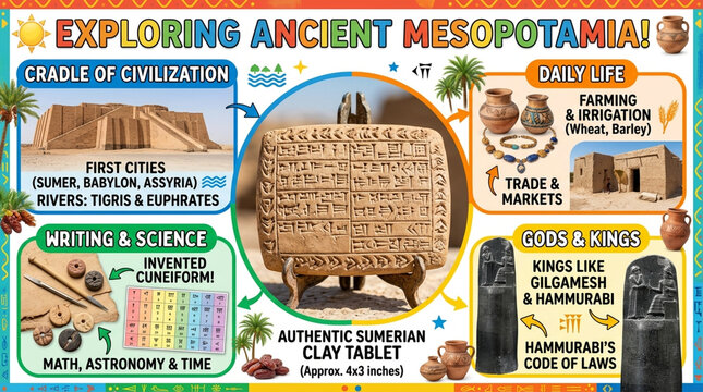 Exploring Ancient Mesopotamia Educational Infographic with Sumerian Clay Tablet, Cuneiform Writing, and Ziggurat