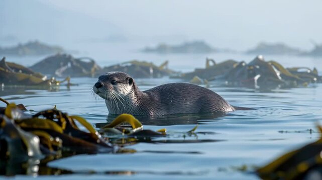 Harbor Seal Swimming Through Kelp in Coastal Waters.
