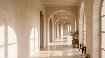 Fototapeta premium Warm Mediterranean Hallway with Repeating Arches and Natural Sunlight