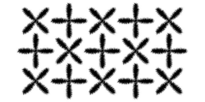 Black fuzzy textured cross and plus symbols pattern background element on alpha transparency grid for abstract winter designs