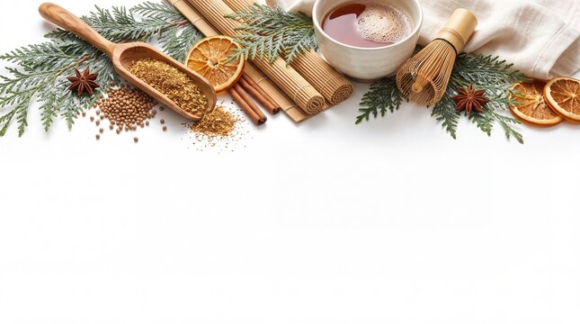 Christmas Banner with Hand-carved Wooden Tea Scoop Chashaku Fine Isolated on White Background