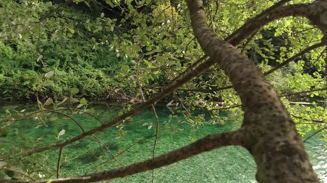 Crystal clear water, slow motion video of Le Mole di Narni in Umbria. Lush green trees, scenic natural pools, and peaceful river landscape travel footage.