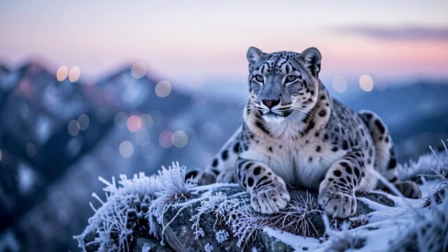 Snow Leopard Resting on Frosty Mountain Ridge.