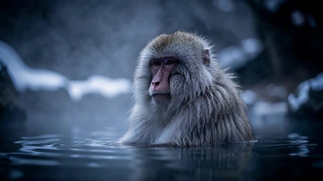 Snow Monkey Soaking In Mountain Hot Spring.