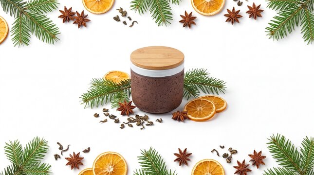Christmas Banner with Artisanal Ceramic Tea Caddy Canister Airtight Isolated on White Background
