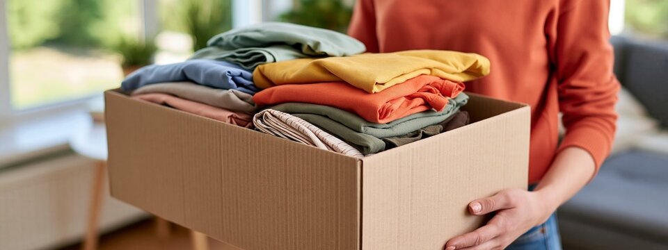 Woman hold cardboard box with stack of clean clothes for donation purpose