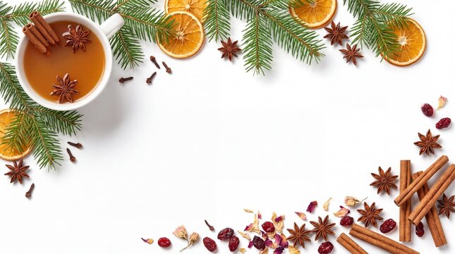Holiday Christmas Banner with Steeped Spiced Apple Cider Cup Isolated on White Background
