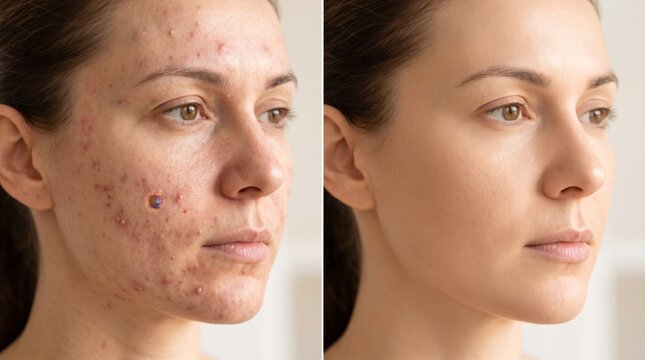 Before and after comparison of a woman's face showing dramatic skin improvement from acne to clear complexion.