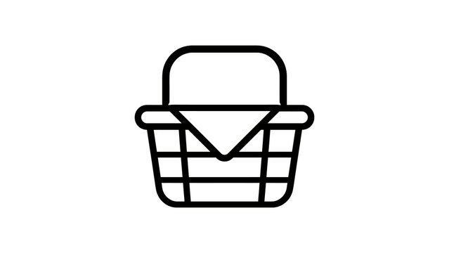 Traditional woven picnic basket with handle line art vector graphic icon.
