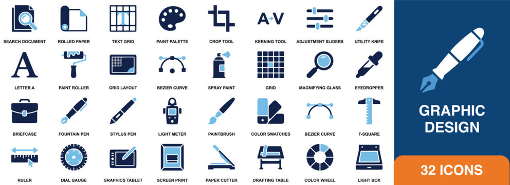 Collection of thirty two flat blue graphic design icons representing tools and document types adjustment