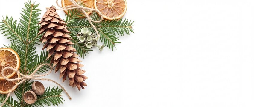 Festive Holiday Banner with Slender Eastern White Pinecone Delicate Isolated on White Background