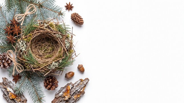 Festive Christmas Banner with Natural Bird Nest Sculpture Crafted Isolated on White Background