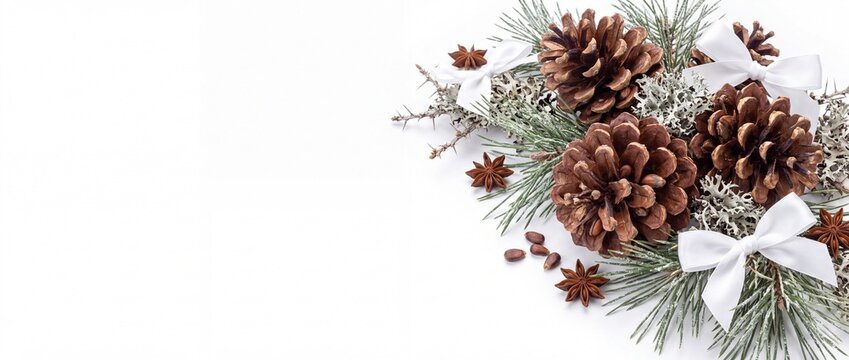 Festive Holiday Banner with Cluster of Spiny Pi&ntilde;on Pinecones Isolated on White Background
