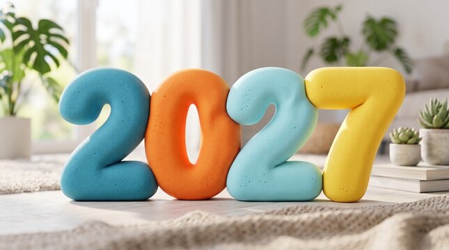 3D Render of Colorful Playful 2027 Numbers Displayed on a Floor in a Sunlit Modern Living Room with Houseplants