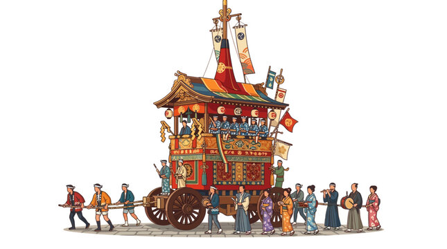 Ceremonial Japanese festival float with participants.