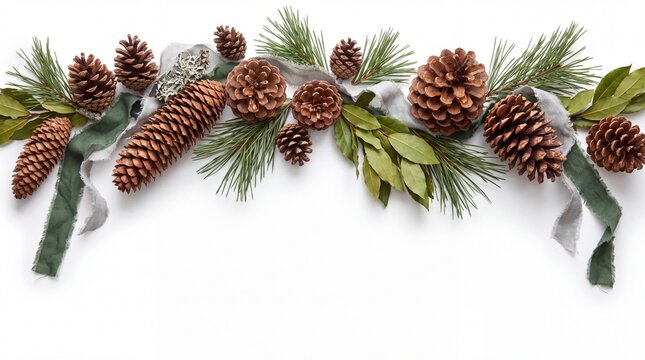 Festive Christmas Banner with Collection of Foraged Woodland Pinecones Isolated on White Background