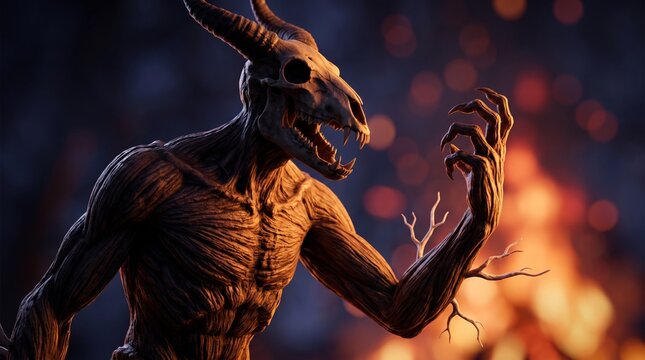 Demon creature with a horned skull head standing in front of a campfire at night with fantasy monster skeletal