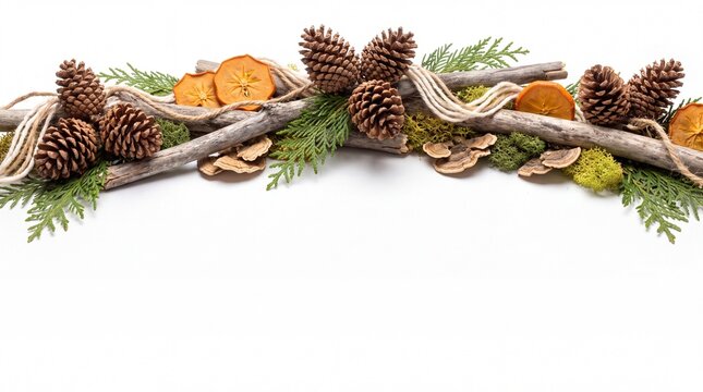 Christmas Banner with Knobby Lodgepole Pinecones Sharp Prickles and Isolated on White Background