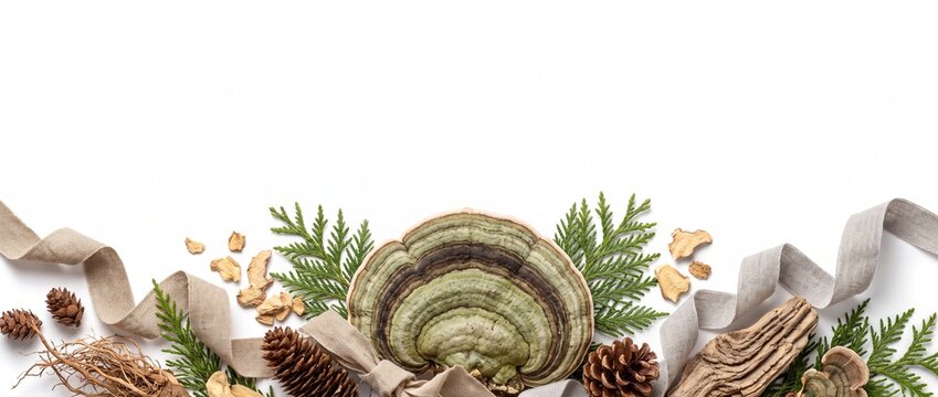 Holiday Christmas Banner with Sculptural Tree Fungus Bracket Conk Isolated on White Background