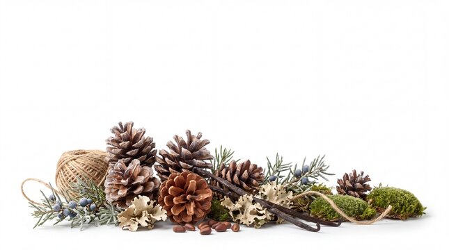 Christmas Banner with Cluster of Spiny Pi&ntilde;on Pinecones Revealing Isolated on White Background
