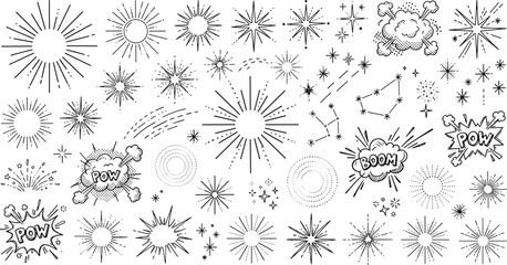 Hand drawn sparkle starburst icon set with comic boom explosions and constellation symbols for vintage decoration design retro vector illustration © MstAlif