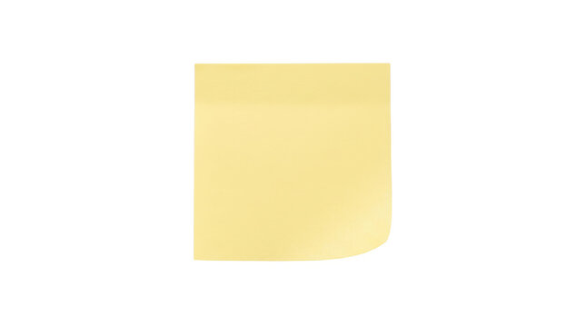 A single yellow square sticky note with a curved bottom right corner, isolated on transparent background