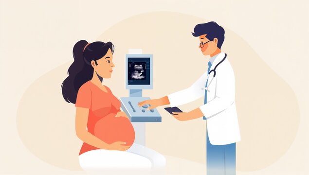 Pregnant woman during ultrasound examination with healthcare professional in clinic
