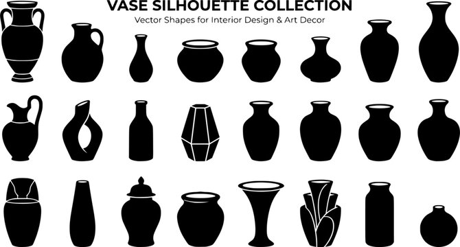 vase silhouette set, vase vector collection, diverse vase designs, ancient, ceramic, potter, amphora, . Ideal for interior design, art decor. BLACK andd white