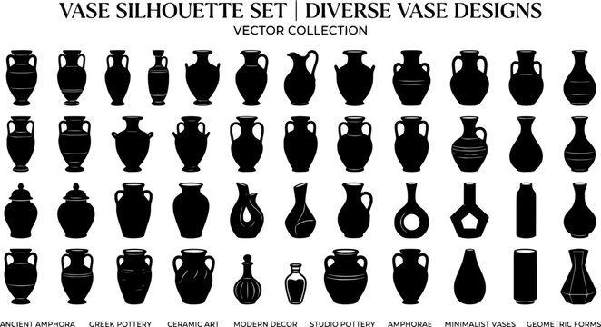 vase silhouette set, vase vector collection, diverse vase designs, ancient, ceramic, potter, amphora, . Ideal for interior design, art decor. BLACK andd white