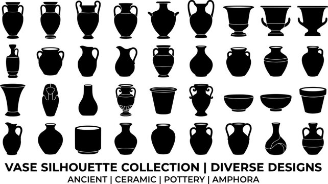 vase silhouette set, vase vector collection, diverse vase designs, ancient, ceramic, potter, amphora, . Ideal for interior design, art decor. BLACK andd white