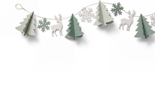 Holiday Christmas Banner with Minimalist 3d Papercut-style Multi-layered Forest Isolated on White Background