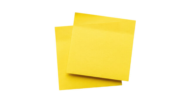 Two blank yellow sticky notes arranged overlapping each other, isolated on transparent background