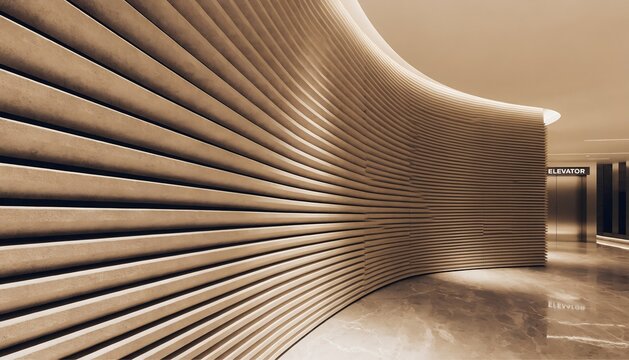Modern curved architectural wall with horizontal slats, luxury hotel lobby interior design, minimalist textured hallway with warm lighting