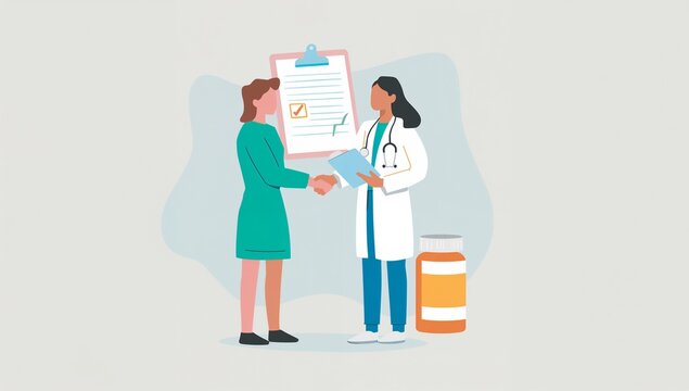 Healthcare professional and patient exchanging health records in a clinic setting
