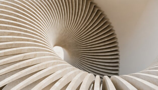 Minimalist parametric wooden sculpture, abstract spiral timber architecture, curved beige wood slats in a radial pattern