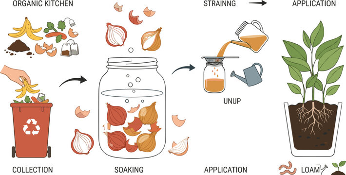 Organic Kitchen Waste Compost Liquid Fertilizer Infographic Set Showing Waste Collection Soaking Onion Peels Straining and Plant Application for Eco Friendly Gardening Lifestyle