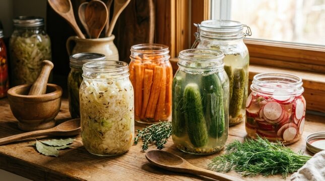 Preserving Nature's Bounty: A collection of fresh vegetables preserved in glass jars, showcasing the vibrant colors and textures of fermented foods, hinting at culinary tradition and healthy eating.